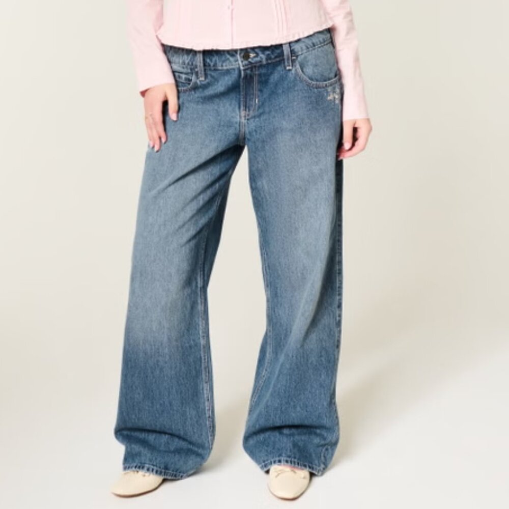 HOLLISTER LOW-RISE BAGGY JEANS BOYFRIEND WIDE LEG RELAXED FIT RIGID DENIM 8 Long